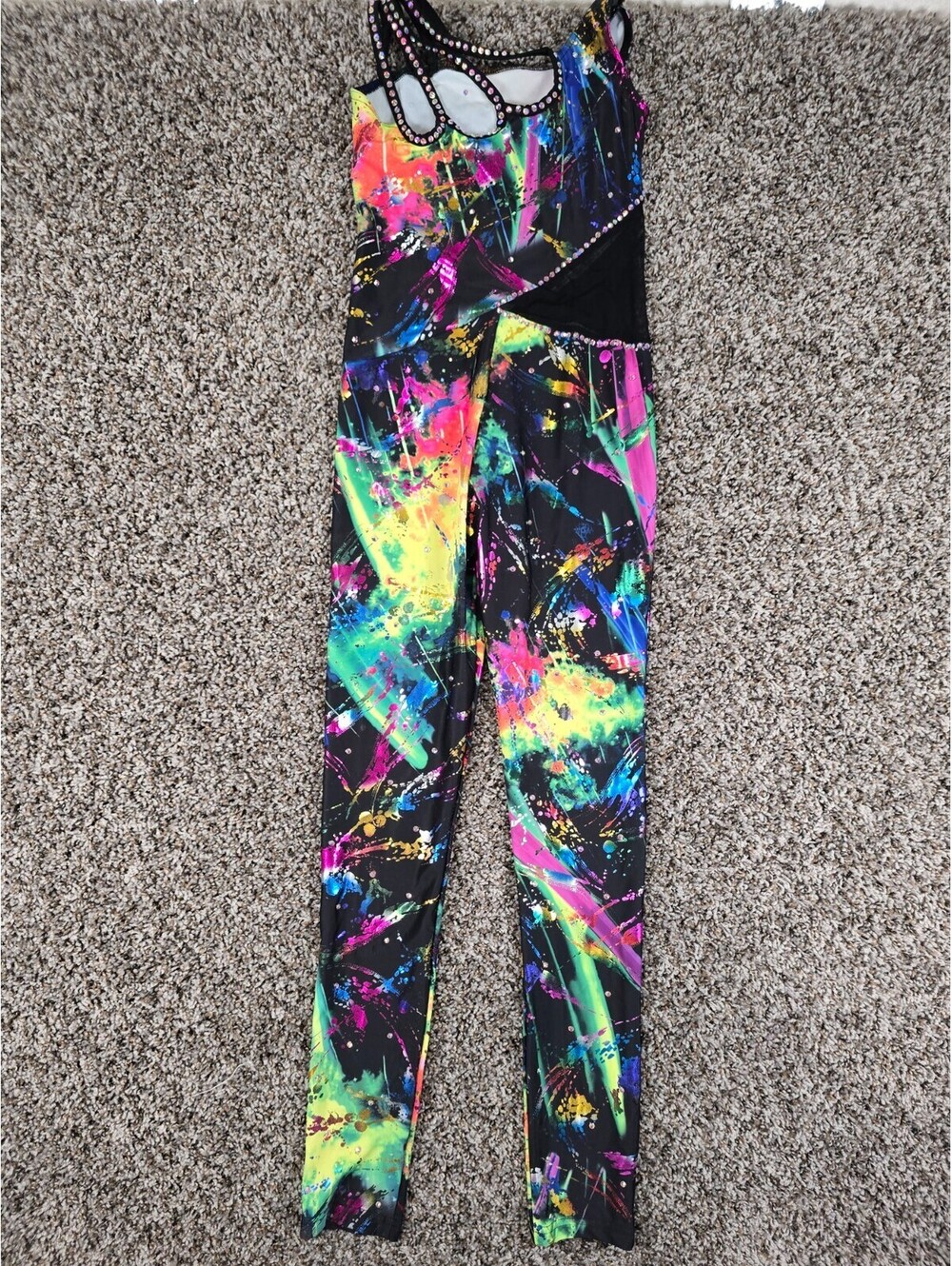 Girls Sz 12 Colorful Paint Splatter Dance Leotard Pants Neon Colors - Picture 2 of 4